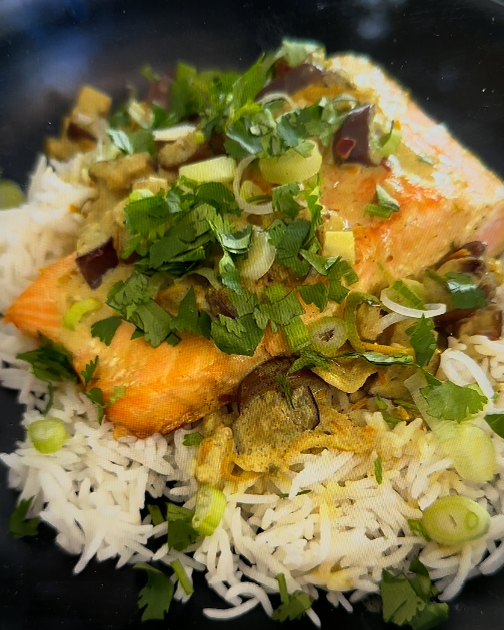 Coconut Curry Salmon with Eggplant